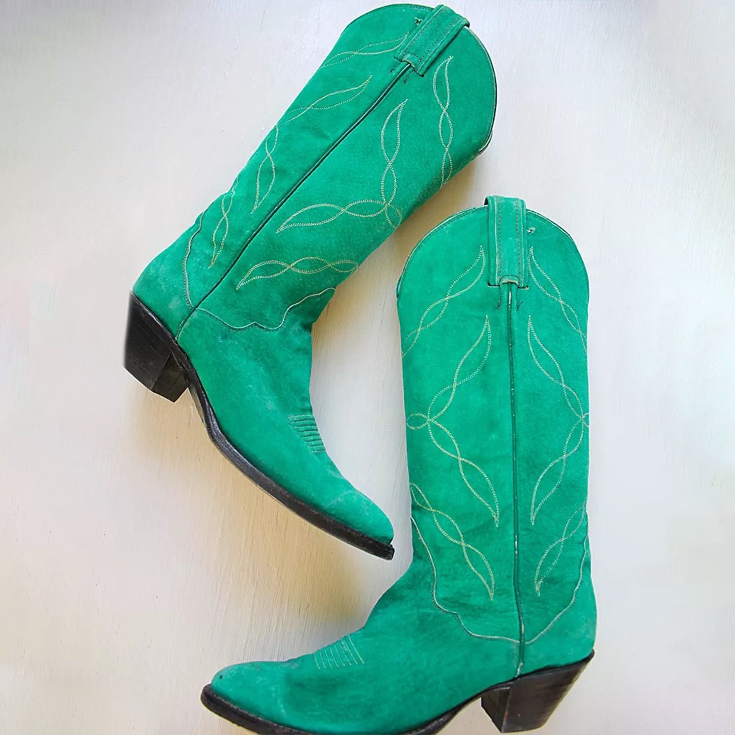 Green Faux Suede Almond-Toe Embroidery Mid Calf Cowgirl Boots