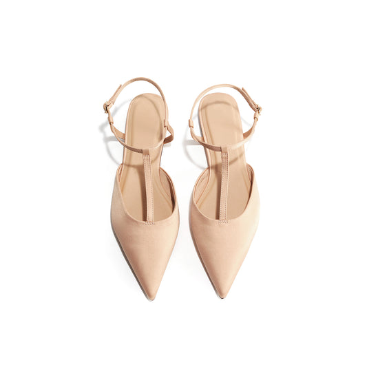 Beige Satin Pointed-Toe Ankle Slingback Flats