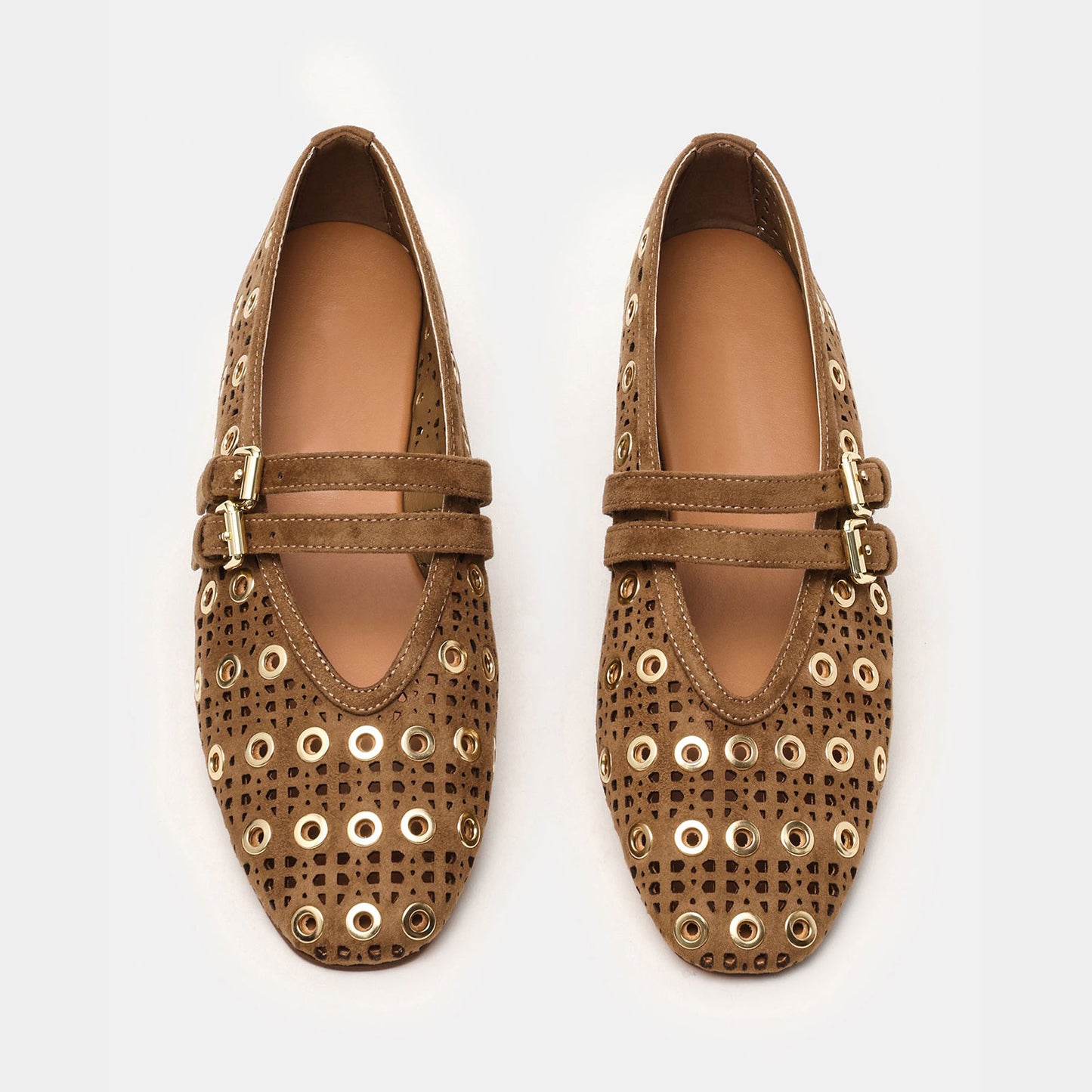 Taupe Faux Suede Square-Toe Cutout And Eyelets Double Mary Jane Flats