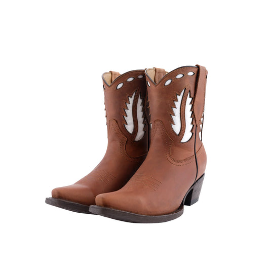 Brown Snip-Toe White Inlay Cowgirl Ankle Boots