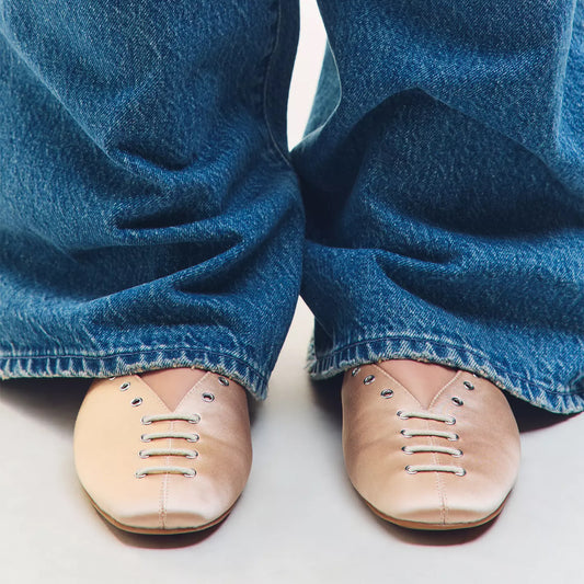 Pink Satin Square-Toe Grommet Lace-Up Ballet Flats