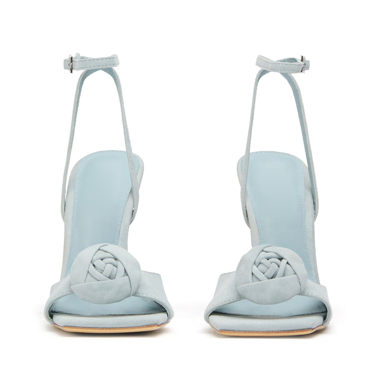 Blue Faux Suede Square-Toe Front Rose Ankle Strap High Heels