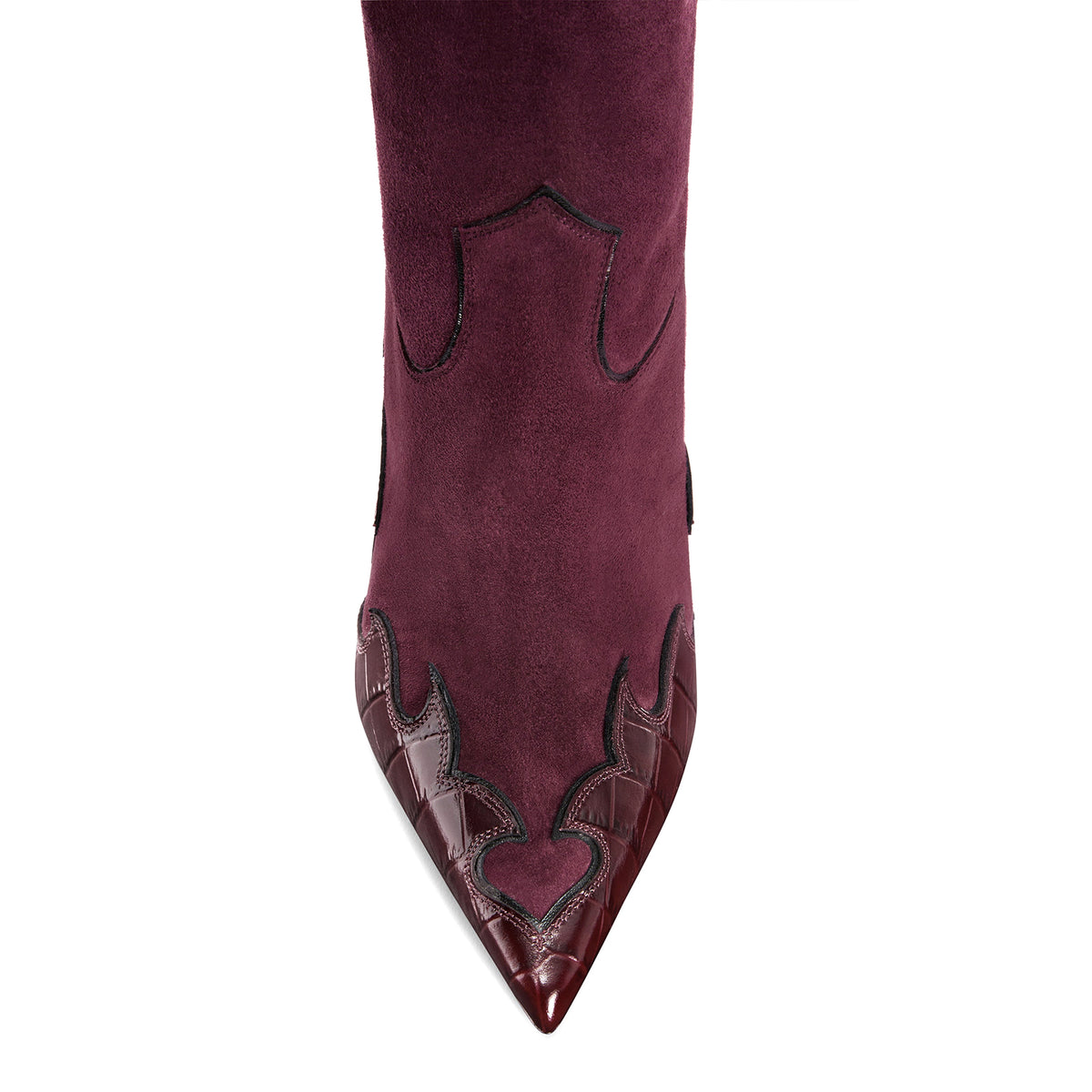 Burgundy Faux Suede And Crocodile Pattern Pointed-Toe Slip-On Mid Calf Stiletto Boots