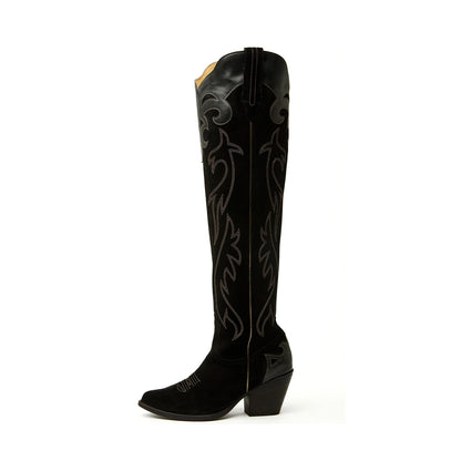 Black Faux Suede Round-Toe Half-Zip Embroidery Tall Knee High Cowgirl Boots