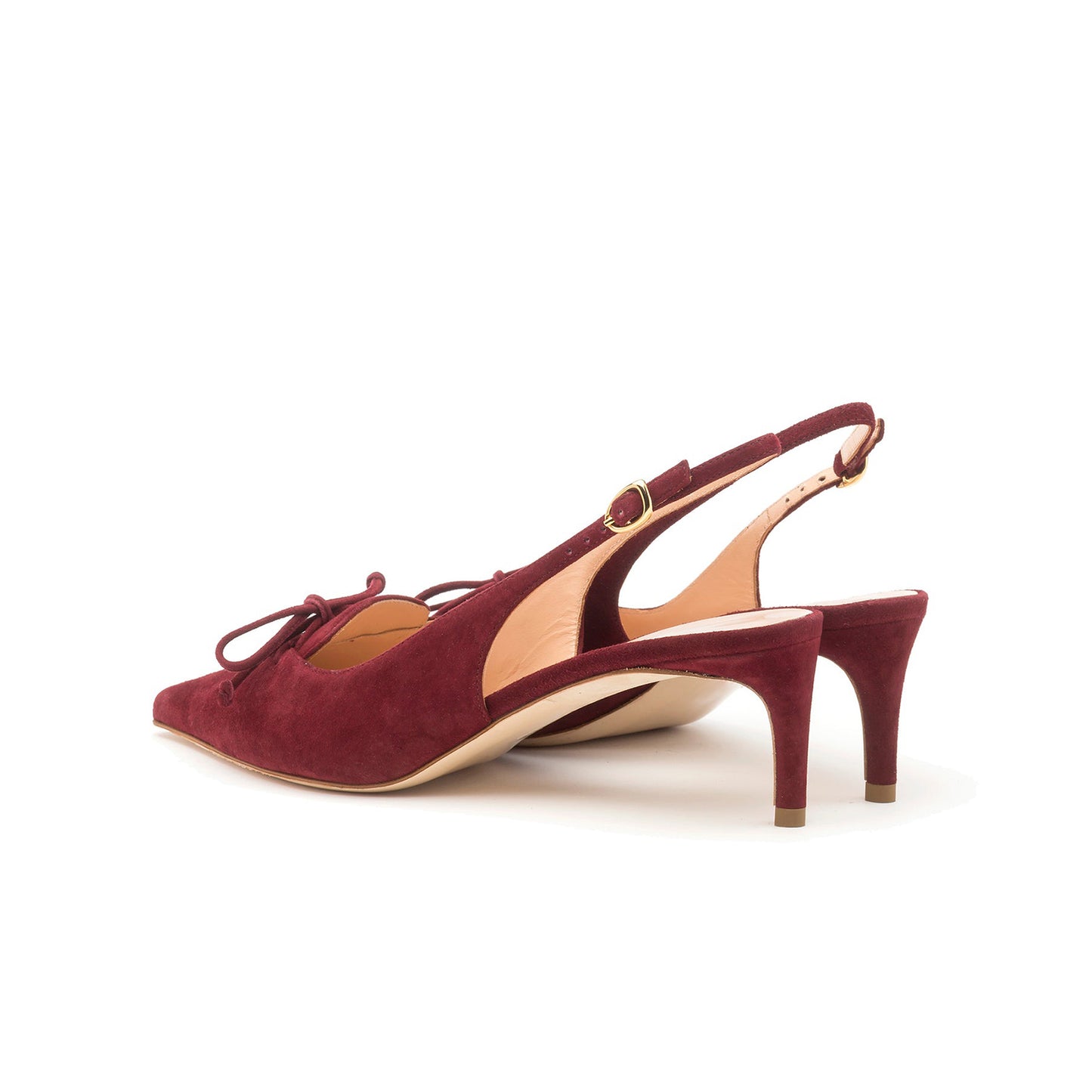 Burgundy Faux Suede Pointed-Toe Slingback Kitten Heels With Front Bow
