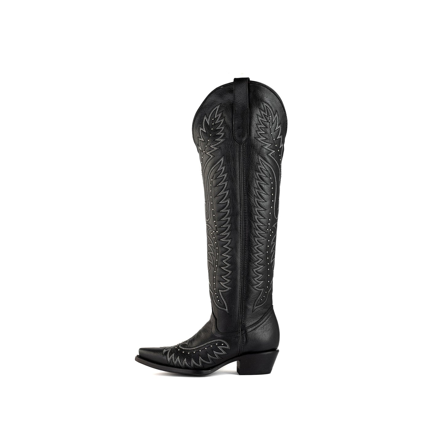 Black Snip-Toe Wings Embroidery Studded Half-Zip Knee High Cowgirl Boots