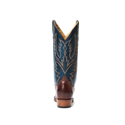 Contrast Navy And Brown Snip-Toe Embroidery Mid Calf Cowgirl Boots