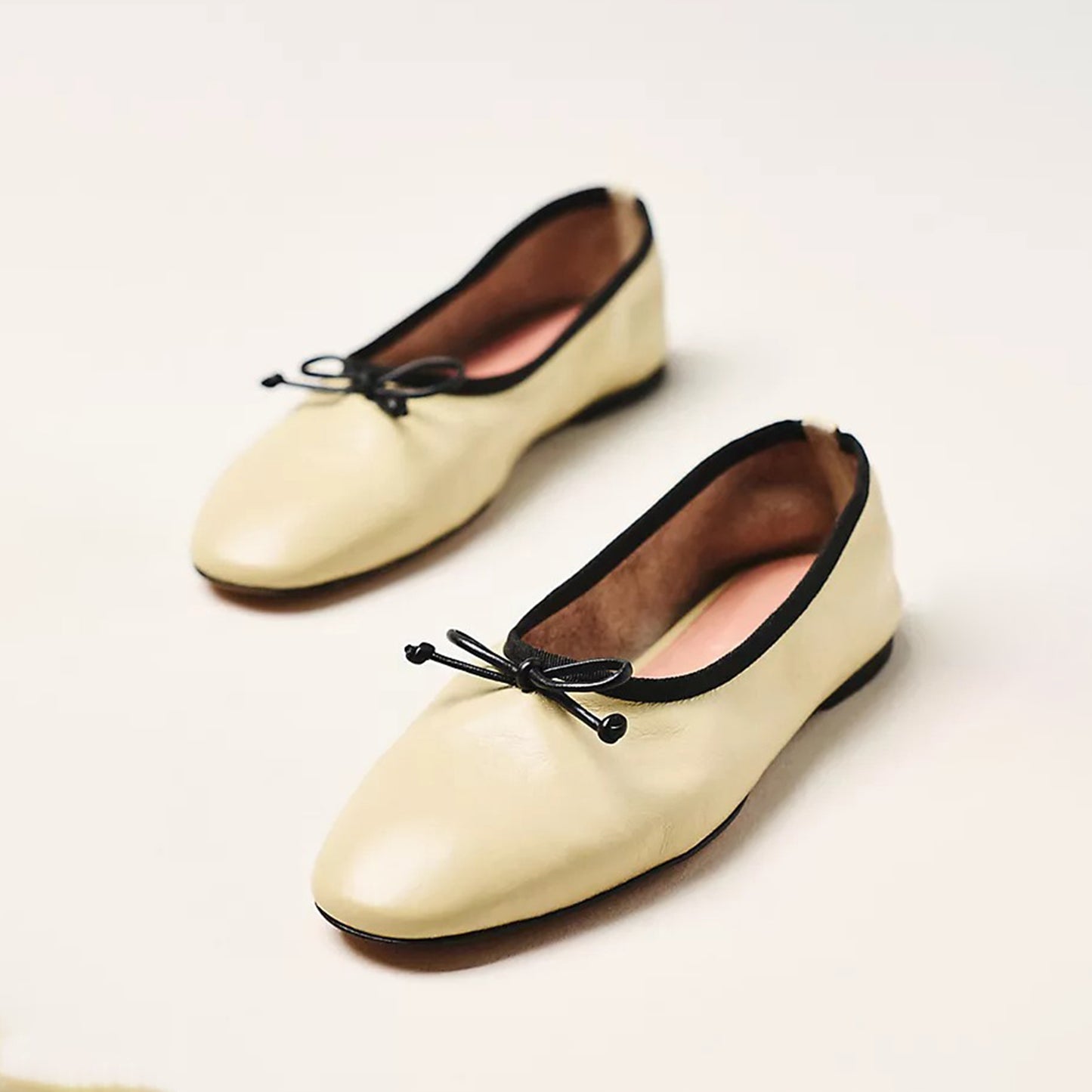 Cream Square-Toe Slip-On Front Bow Classic Ballet Flats