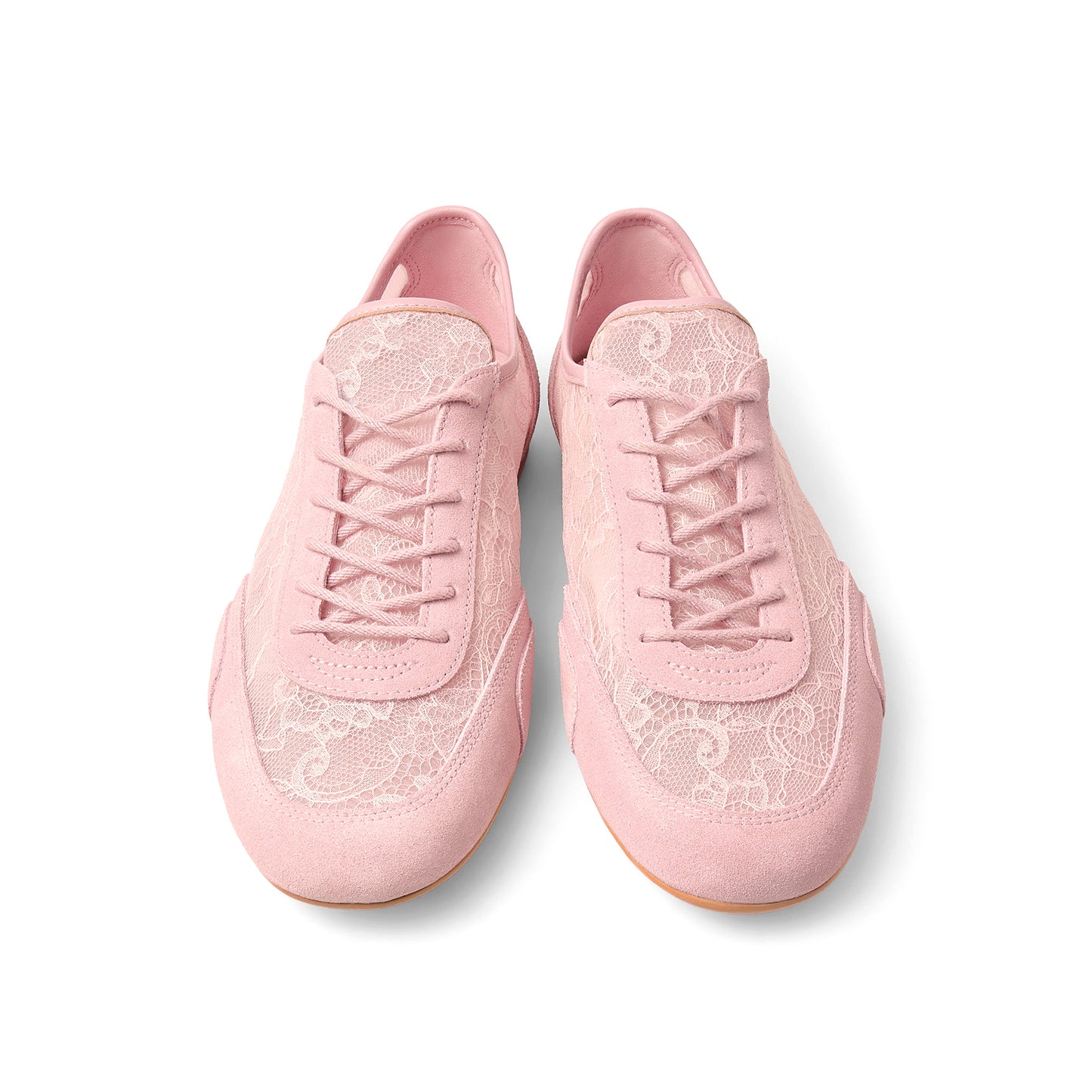 Blush Pink Faux Suede And Lace Mesh Round-Toe Lace-Up Sneakers Flats