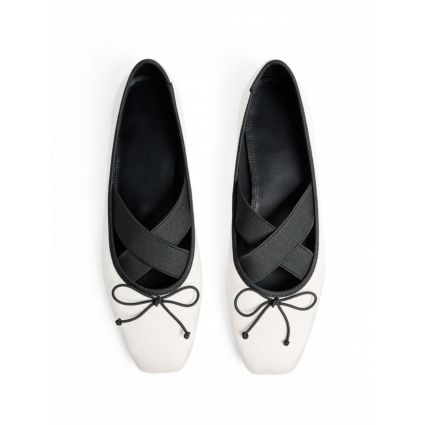 Offwhite Square-Toe Front Bow Crossed Elastic Strap Ballet Flats