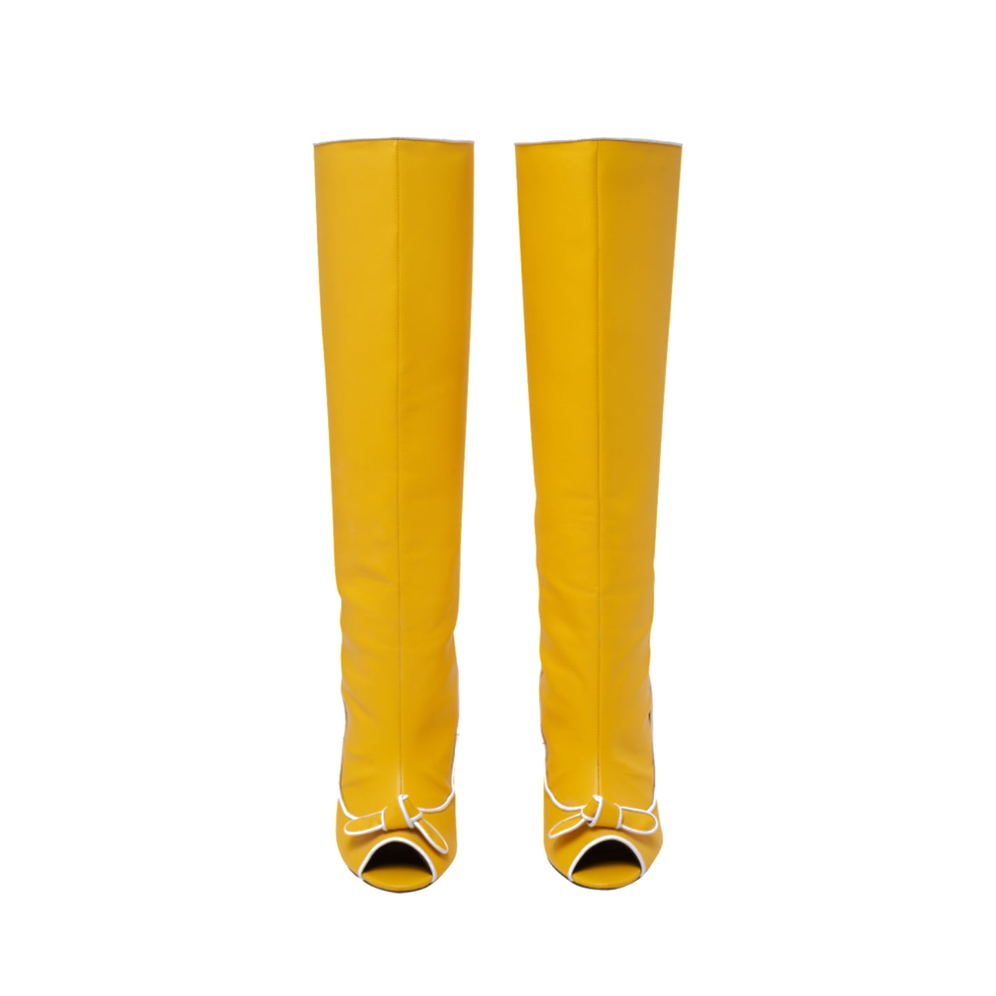 Yellow Peep Round-Toe With Bow Back Cut-Out Wide Calf Knee High Stiletto Boots