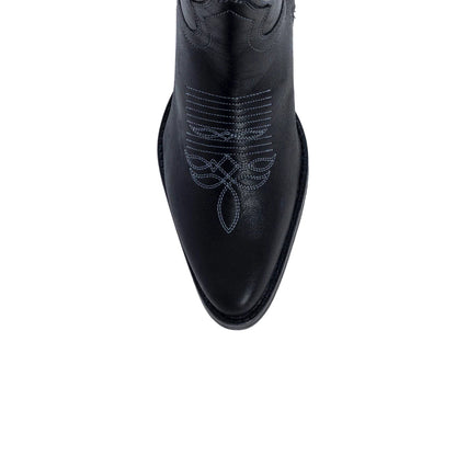 Black Almond-Toe Curled Embroidery Full-Zip Knee High Cowgirl Boots