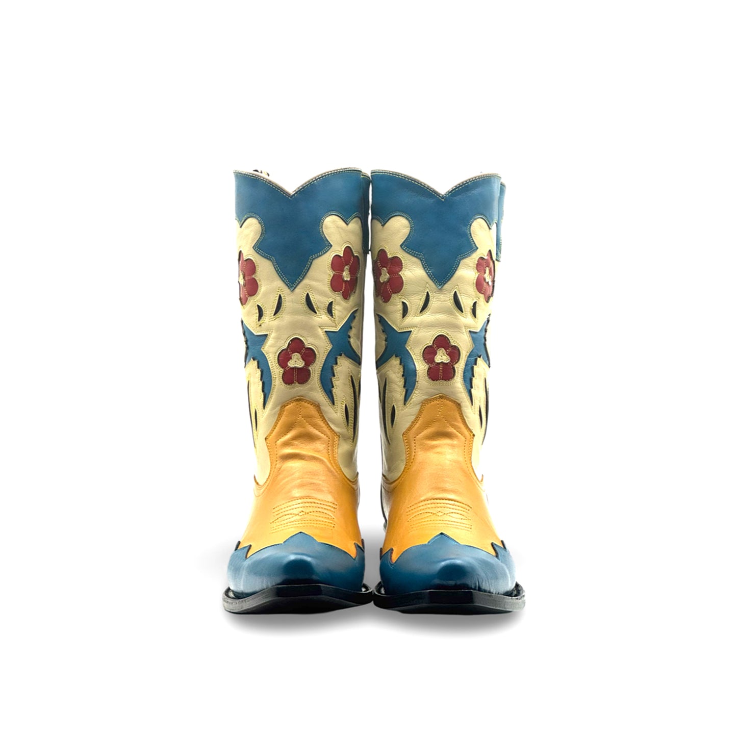 Contrast Tri-Color Snip-Toe Bird And Flower Inlays Mid Calf Cowgirl Boots