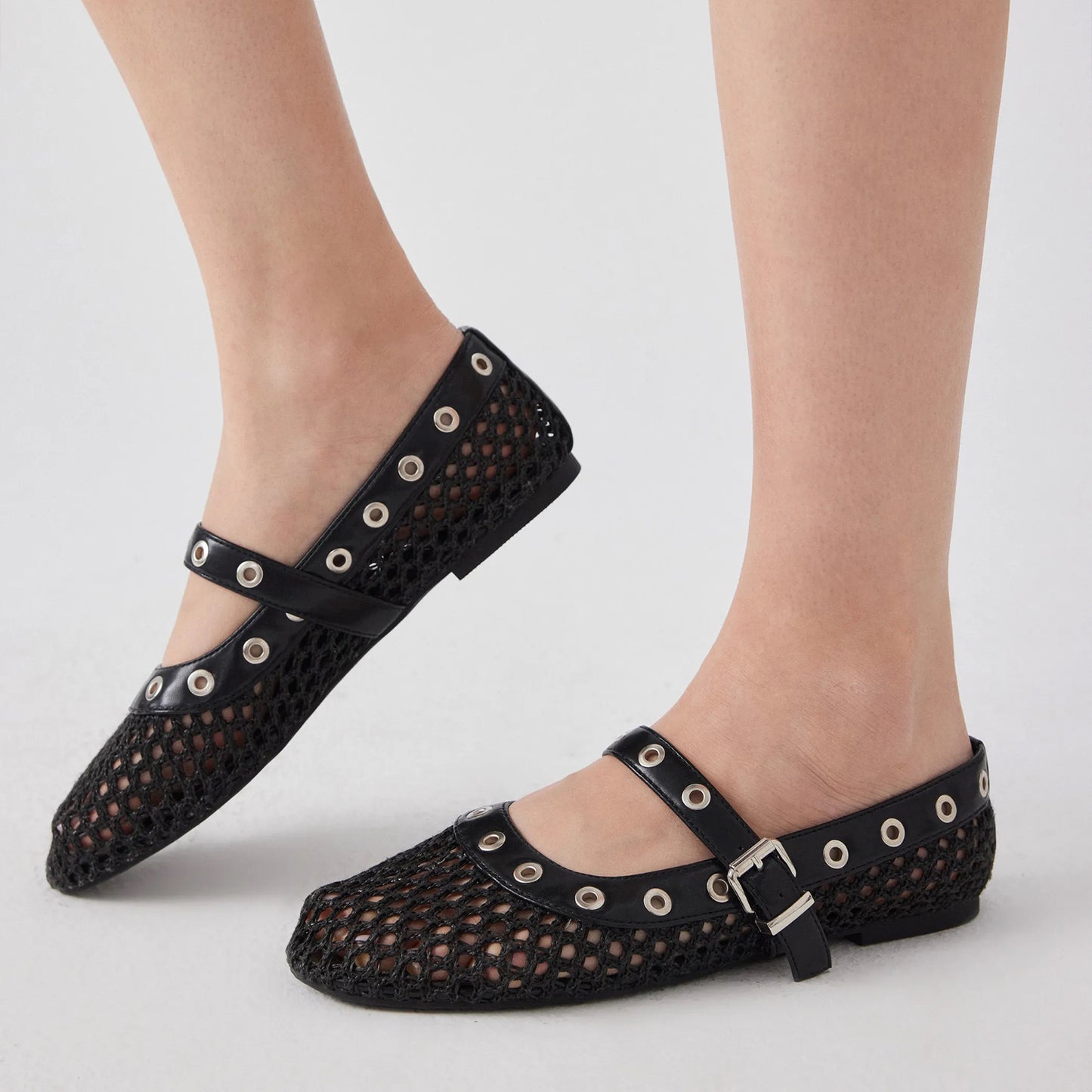 Black Woven Mesh And Vegan Leather Round-Toe Eyelets Mary Jane Flats