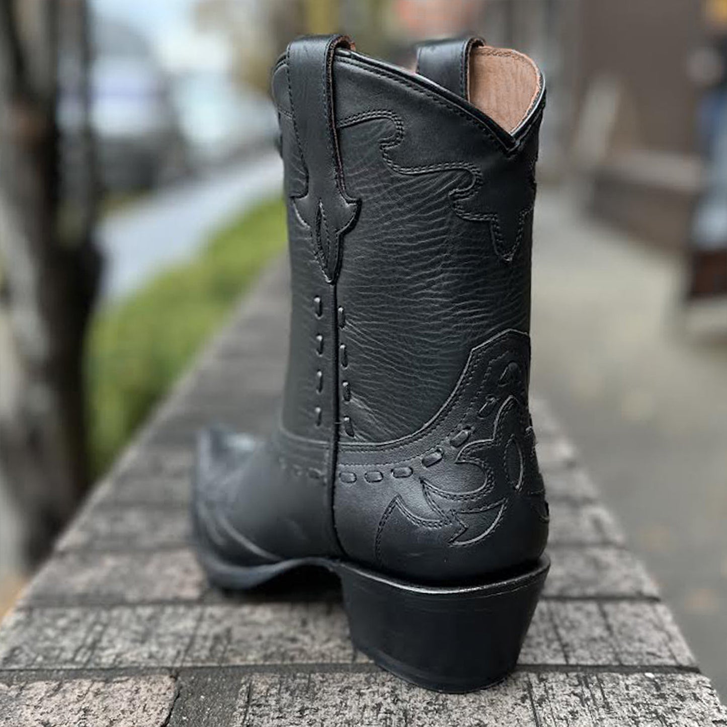 Black Snip-Toe Running Stitch Ankle Cowgirl Boots