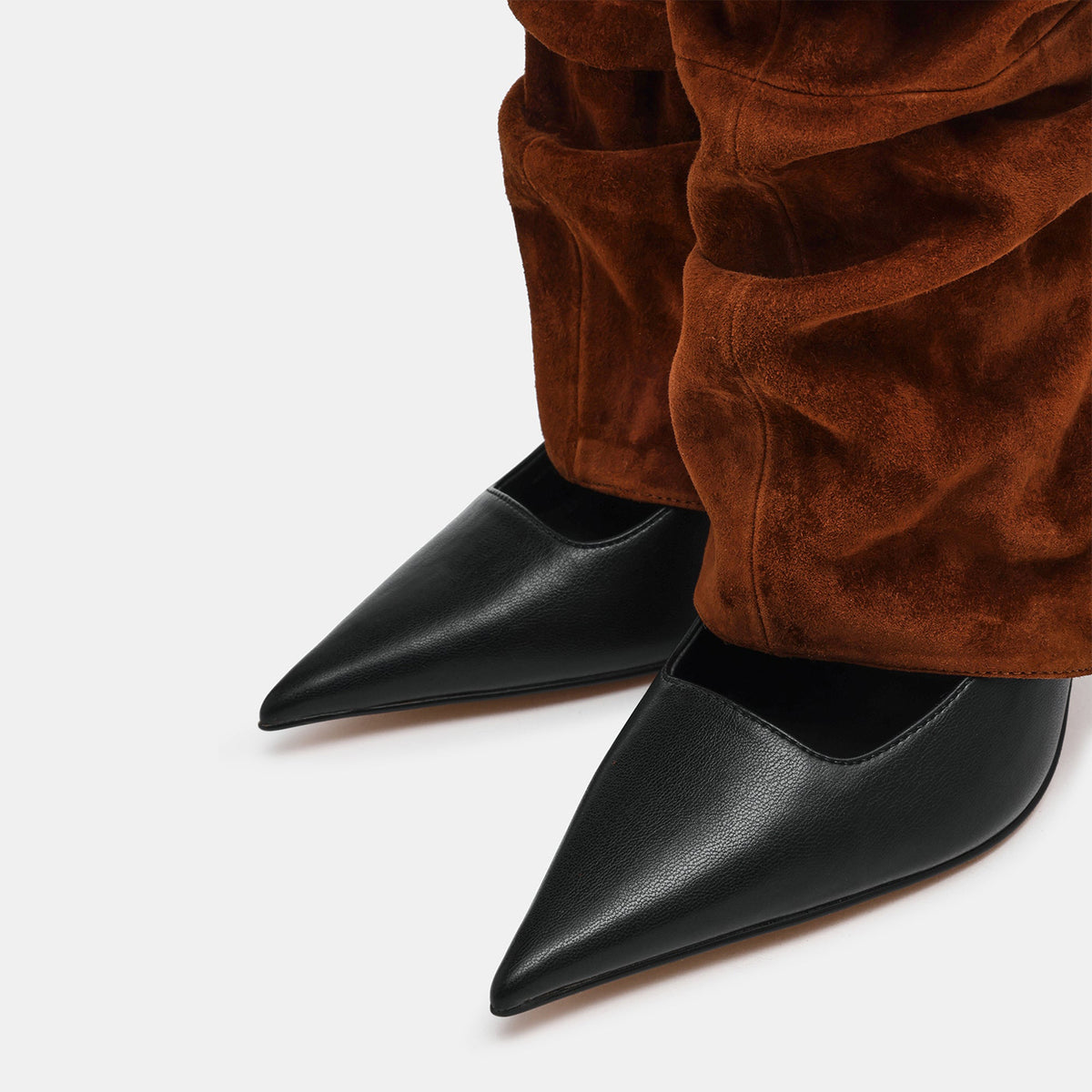 Brown Faux Suede And Black Vegan Leather Pointed-Toe Slip-On Mid Calf Stiletto Boots