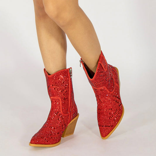 Red Faux Suede Pointed-Toe Full Crystals Full-Zip Ankle Cowgirl Boots