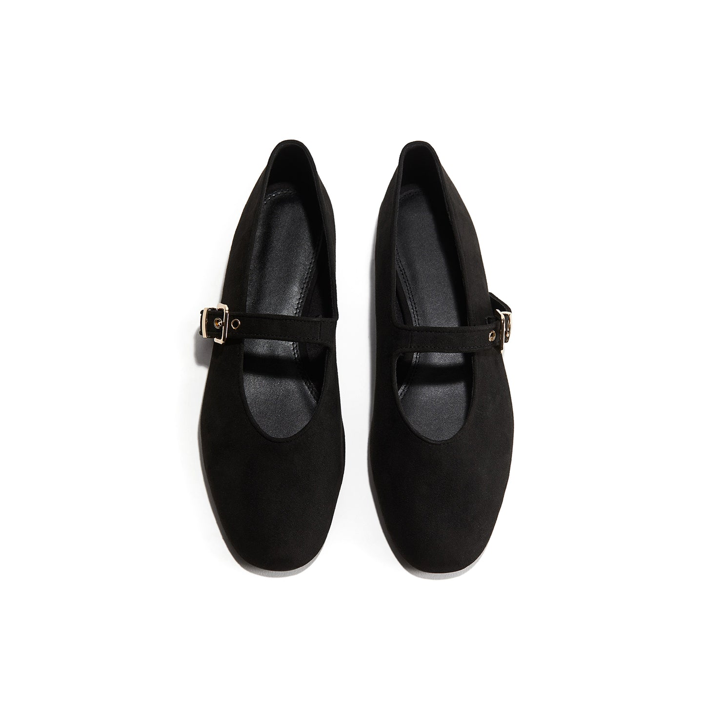 Black Faux Suede Square-Toe Bridge Strap Ballet Flats