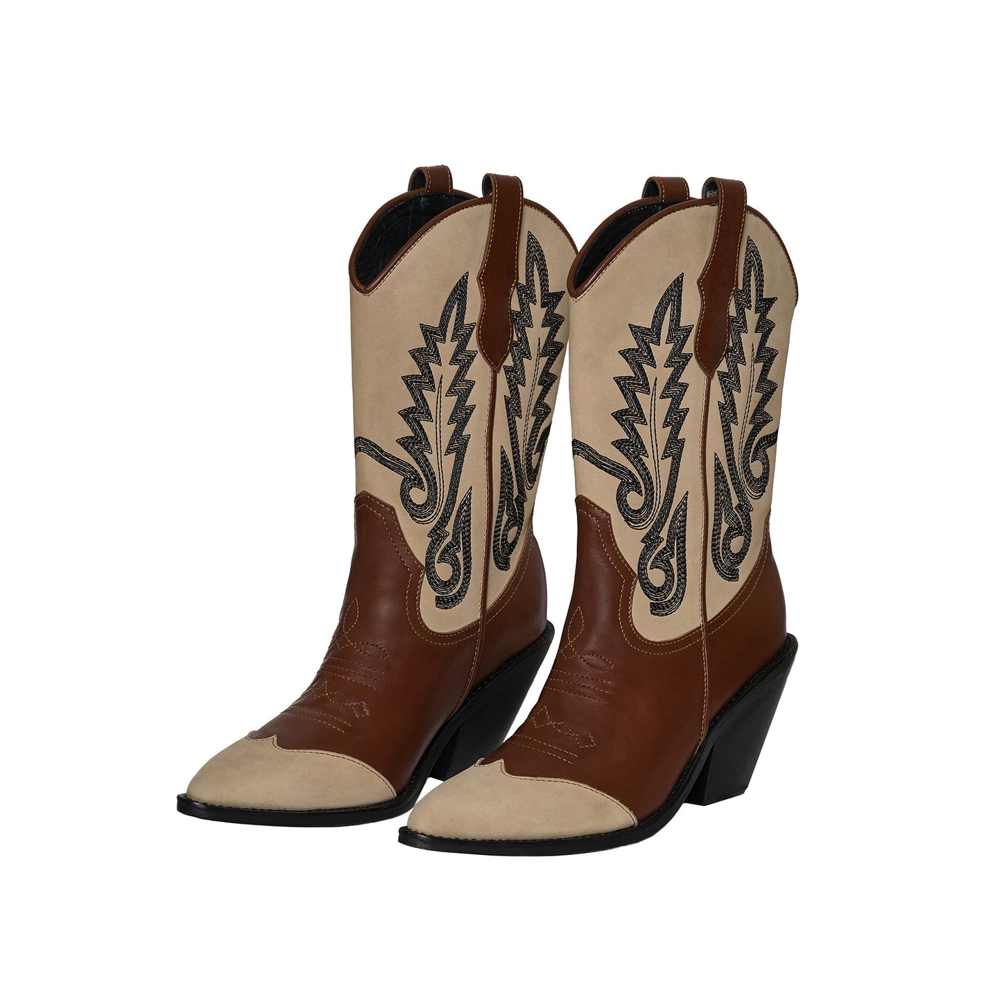 Contrast Red And Beige Round-Toe Embroidery Mid Calf Cowgirl Boots