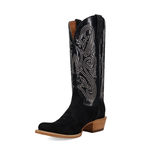Black Contrast Vegan Leather And Faux Suede Square-Toe Embroidery Mid Calf Cowgirl Boots