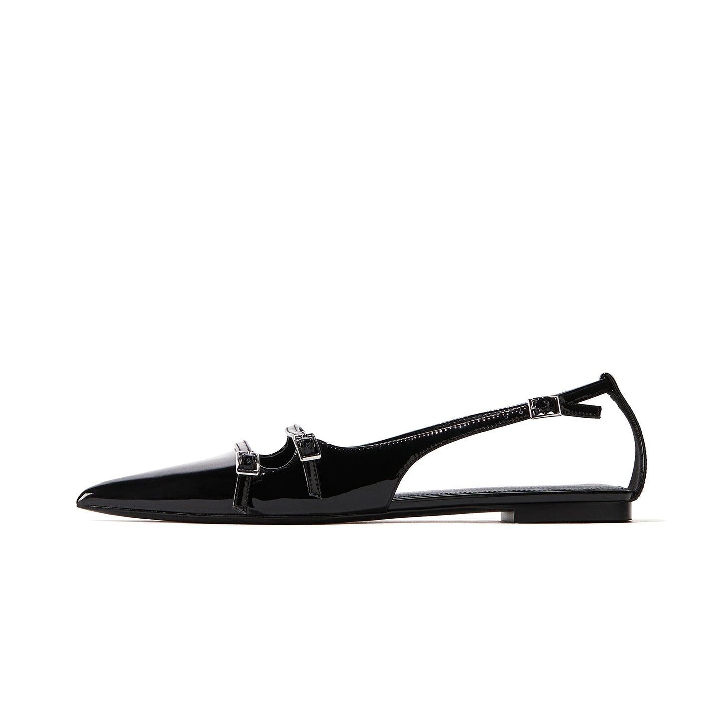 Patent Black Pointed-Toe Front Double Straps Slingback Flats