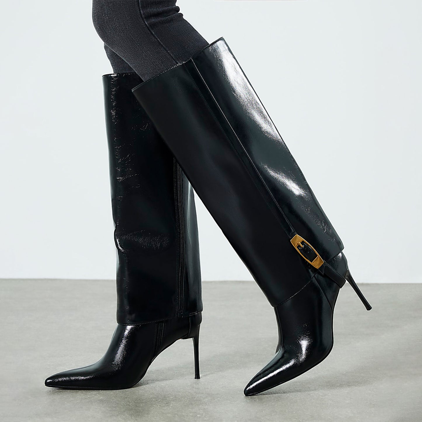 Black Pointed-Toe Dismountable Fold-Over Shaft Full-Zip Stiletto Boots