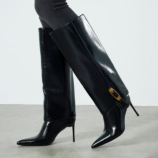 Black Pointed-Toe Dismountable Fold-Over Shaft Full-Zip Stiletto Boots