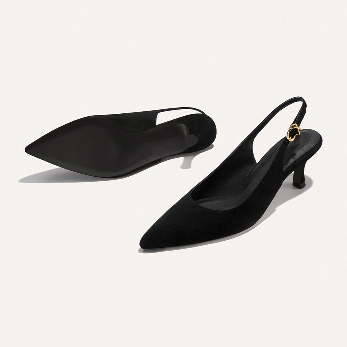 Black Sleek Faux Suede Pointed-Toe Chic Back Strap Kitten Heels