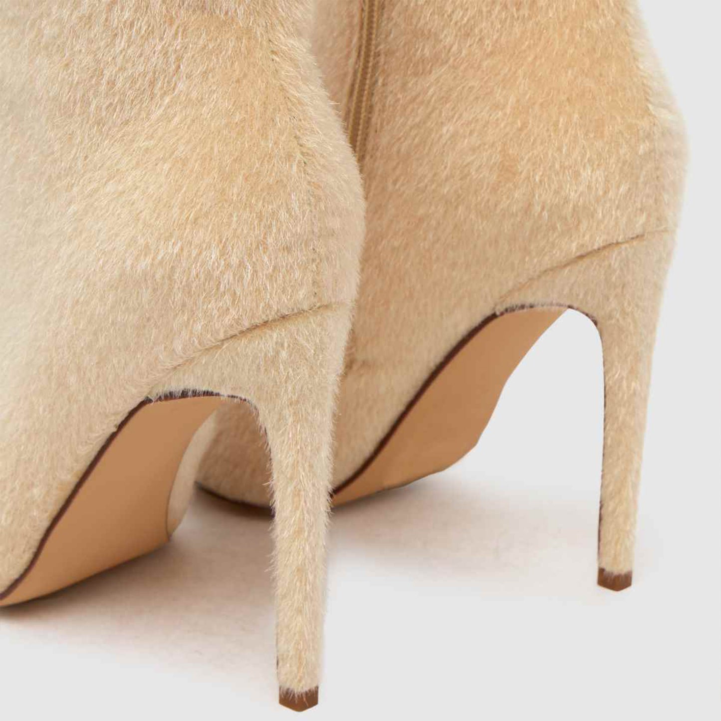 Beige Pony Hair Pointed-Toe Full-Zip Ankle Stiletto Boots