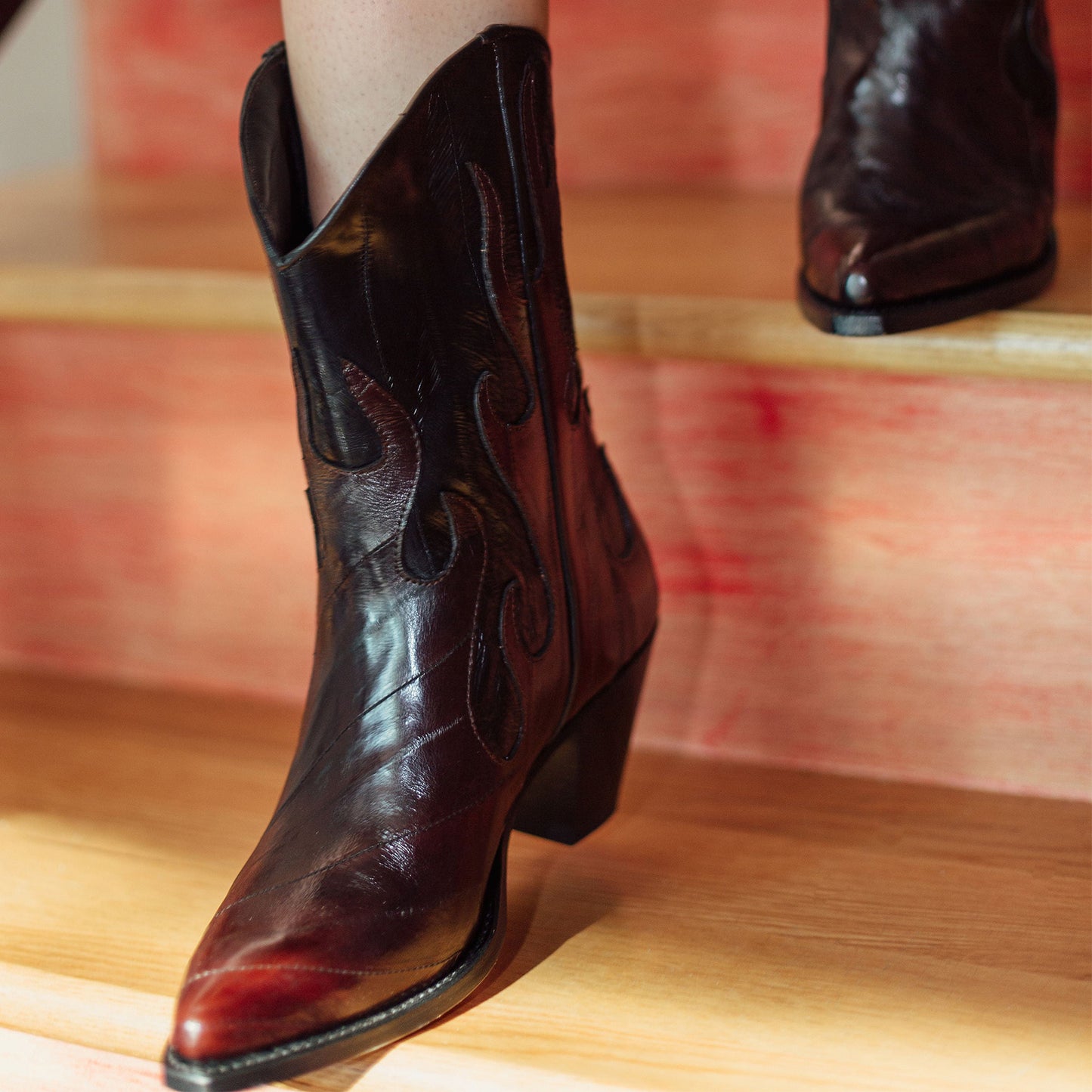 Contrast Colors Eel Print Pointed-Toe Flame Appliques Ankle Cowgirl Boots
