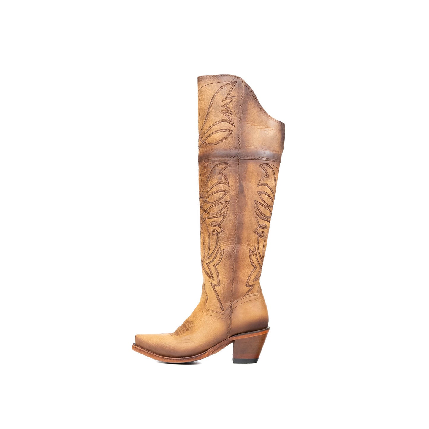 Tan Snip-Toe Half-Zip Western Embroidery Knee High Cowgirl Boots