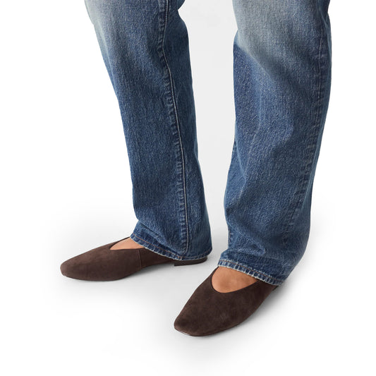 Dark Brown Faux Suede Square-Toe Ballet Flats