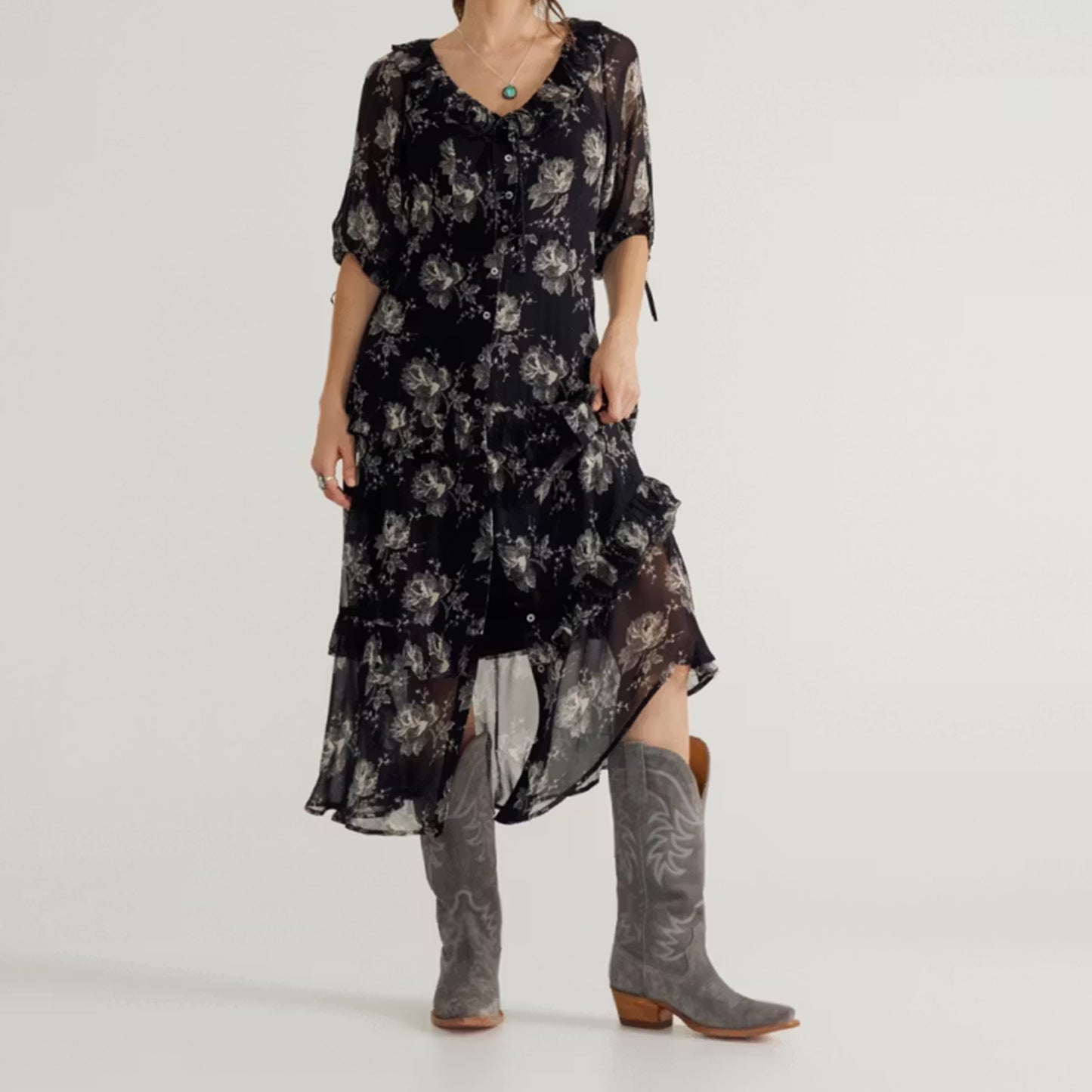 Charcoal Faux Suede Snip-Toe Embroidery Mid Calf Cowgirl Boots