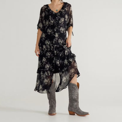Charcoal Faux Suede Snip-Toe Embroidery Mid Calf Cowgirl Boots