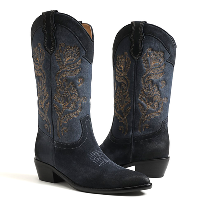 Blue Denim Almond-Toe Flowers Embroidery Mid Calf Cowgirl Boots