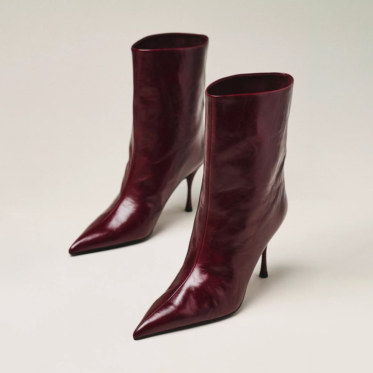 Wine Red Pointed-Toe Slip-On Sleek Ankle Stiletto Boots