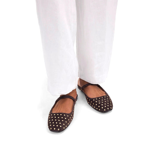 Dark Brown Faux Suede Square-Toe Bridge Strap Studded Slip-On Flats