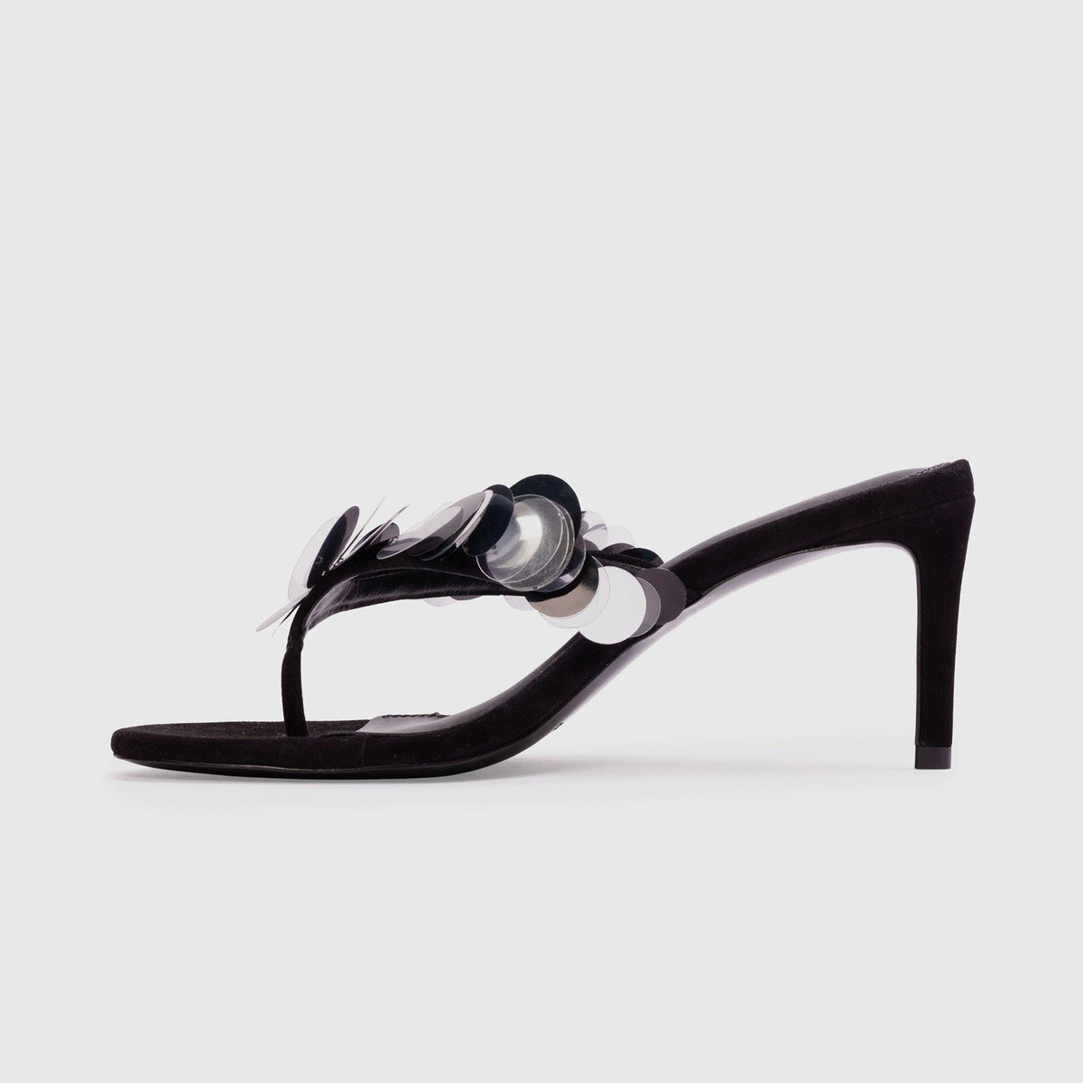 Black Faux Suede Round-Toe Flip-Flop With Sequins Backless High Heels