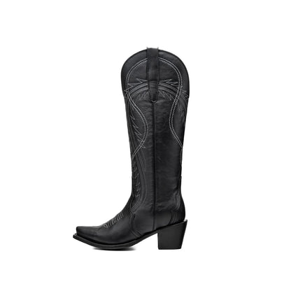 Black Snip-Toe Half-Zip Double Embroidery Knee High Cowgirl Boots