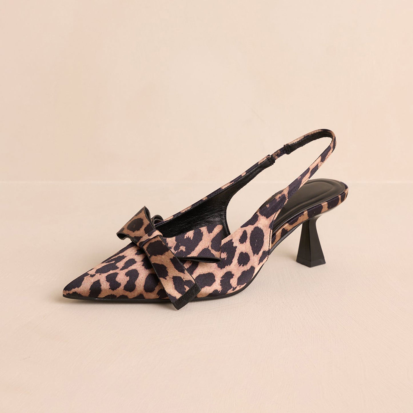 Leopard Satin Pointed-Toe Front Bow Slingback Kitten Heels