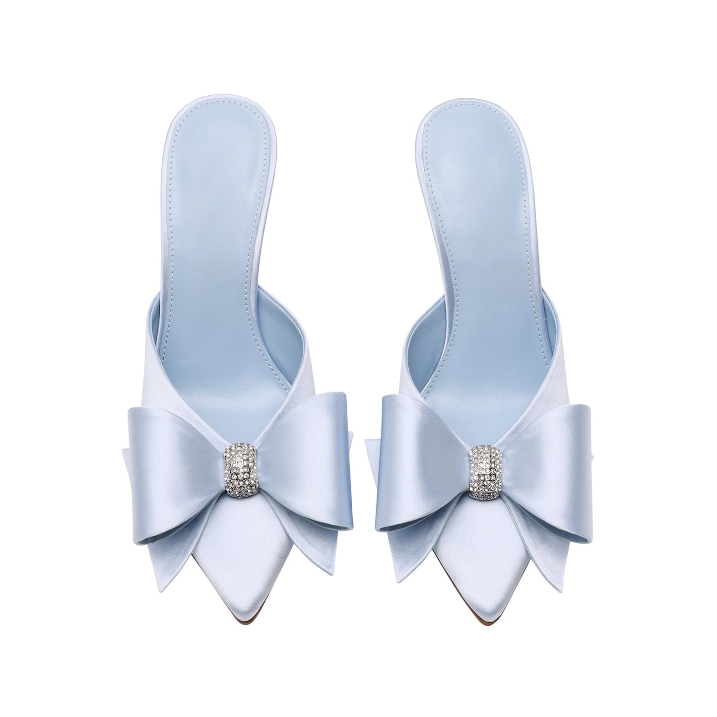 Light Blue Satin Pointed-Toe Front Big Bow Slip-On Backless High Heels
