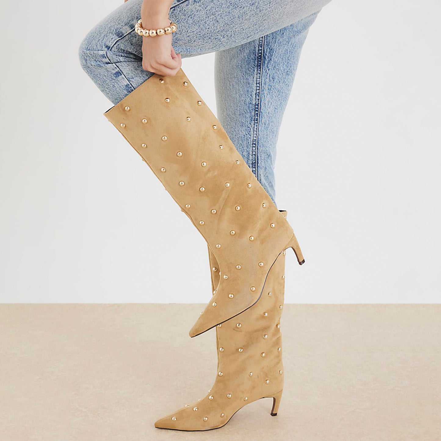 Beige Faux Suede Pointed-Toe Studded Wide Calf Knee High Stiletto Boots