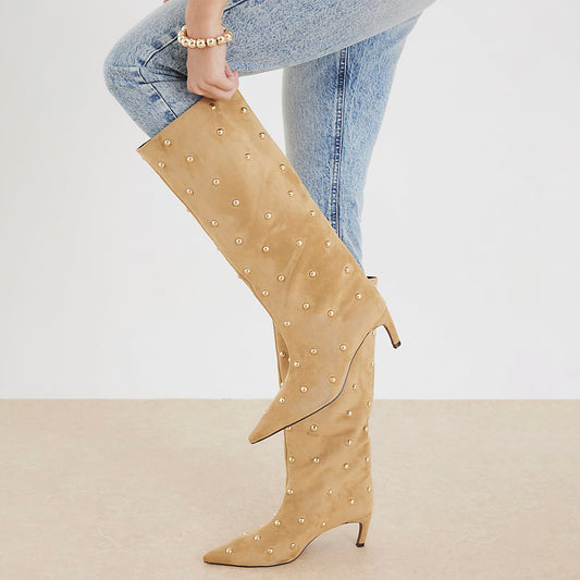 Beige Faux Suede Pointed-Toe Studded Wide Calf Knee High Stiletto Boots
