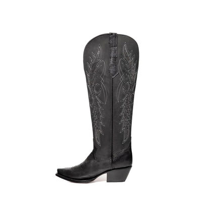 Black Snip-Toe Black Rhinestone Embroidery Half-Zip Knee High Cowgirl Boots