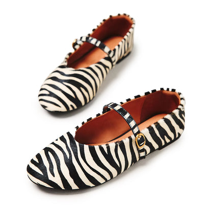 Zebra Print Pony Hair Round-Toe Bridge Strap Ballet Flats