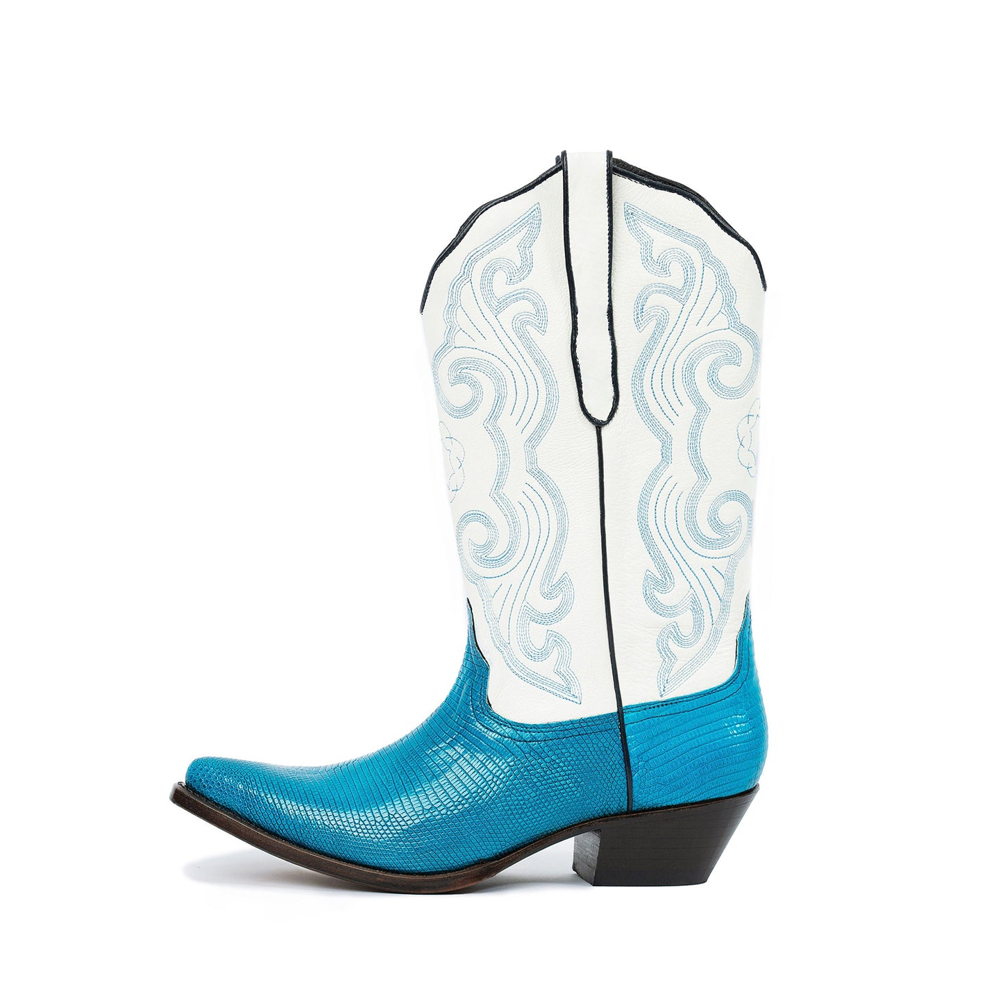 Contrast White And Blue Lizard Print Pointed-Toe Embroidery Mid Calf Cowgirl Boots