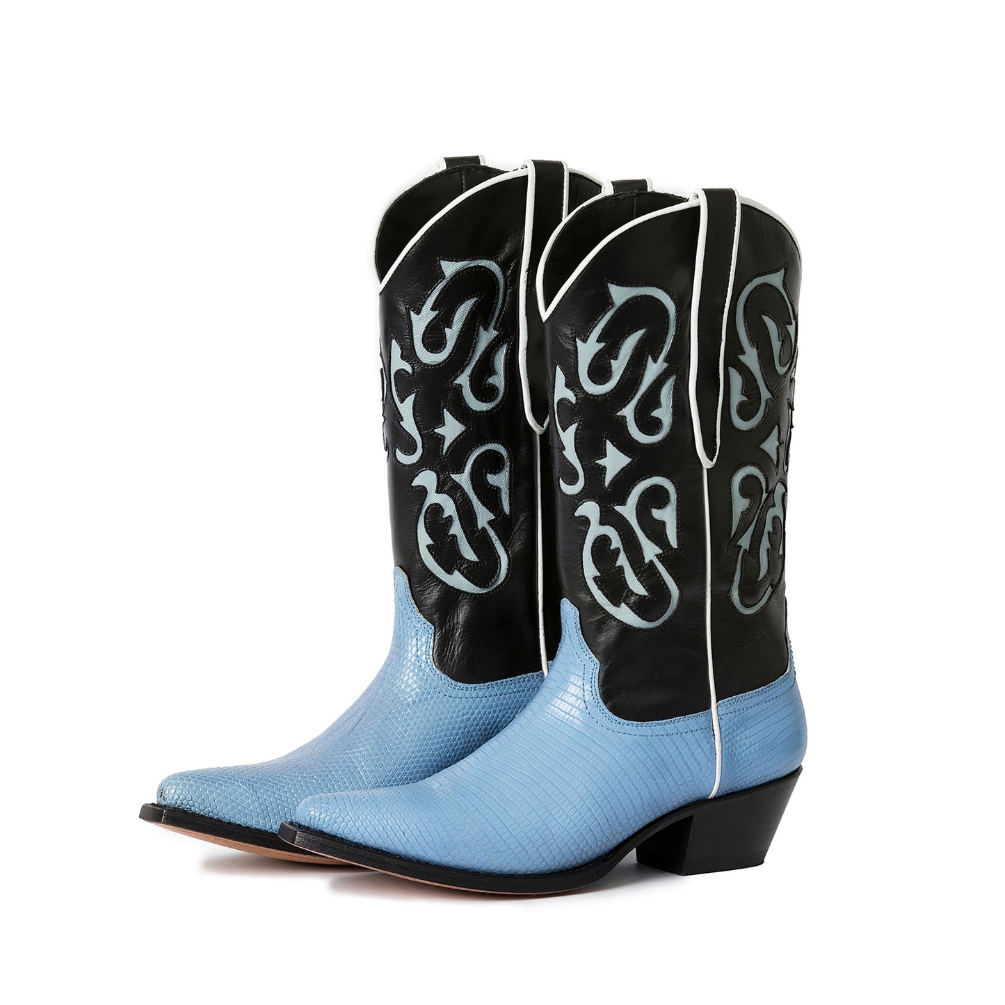 Contrast Black And Blue Lizard Print Pointed-Toe Inlays Mid Calf Cowgirl Boots