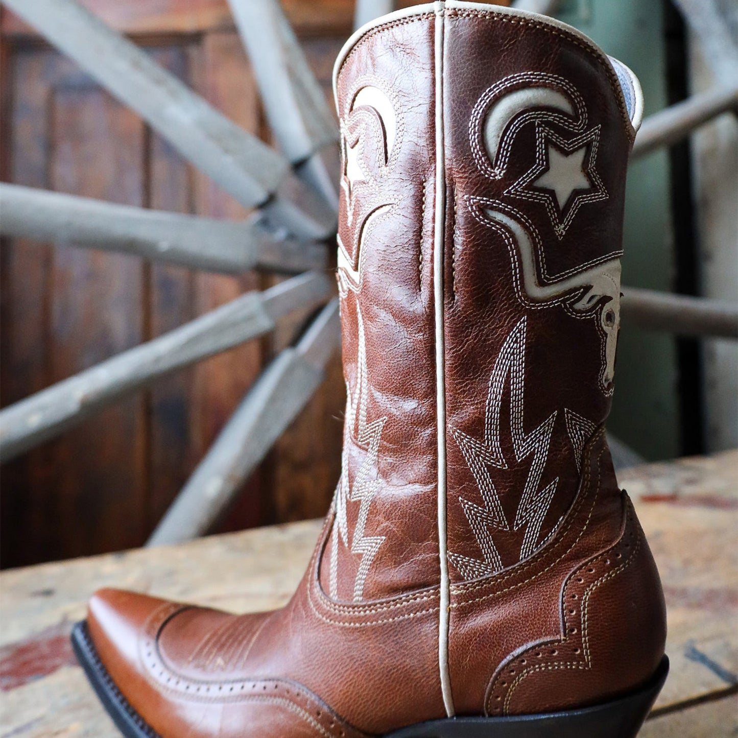 Mahogany Snip-Toe Tauren Moon Stars Inlay And Embroidery Full-Zip Mid Calf Cowgirl Boots