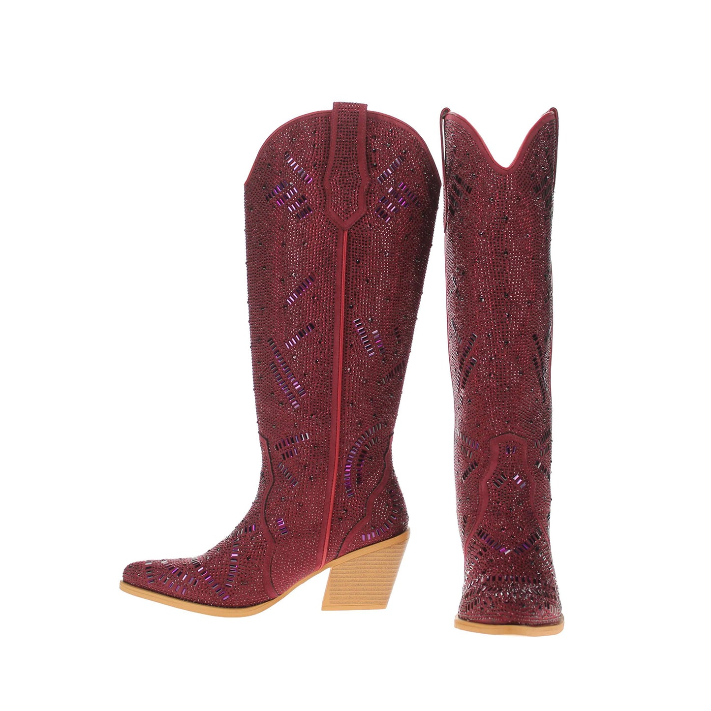 Maroon Faux Suede Pointed-Toe Full Crystals Wide Calf Knee High Cowgirl Boots