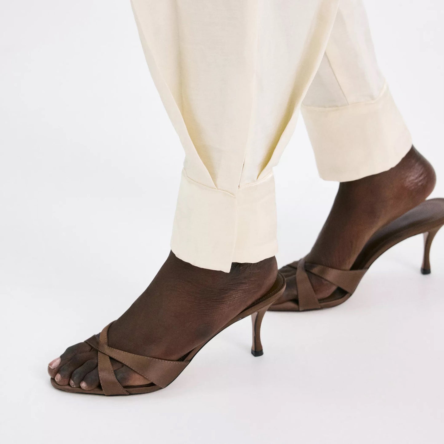 Chocolate Satin Round-Toe Front Crossed Straps Slip-On High Heels